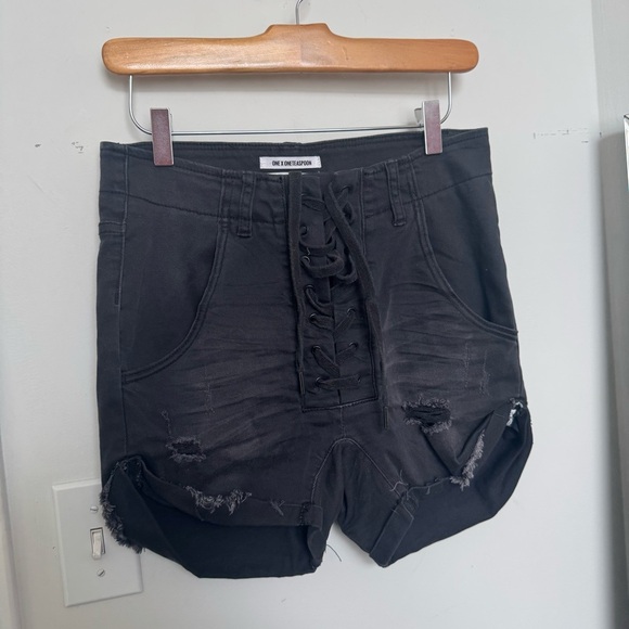 One Teaspoon Black High-Rise Distressed Denim Shorts – Lace-Up Front 25 - Picture 2 of 5